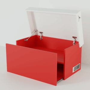 Zapatero Caja gigante Jordan vista desde su lado derecho, con sus tapas completamente desplegadas - Eiko